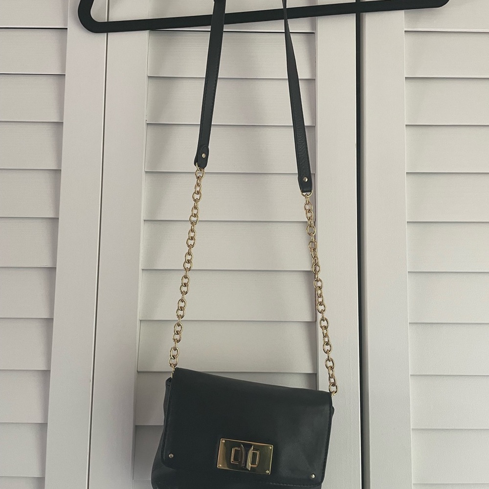 Club Monaco Black and Gold Crossbody Bag with Chain Strap